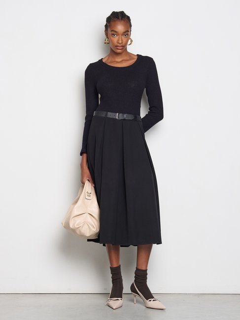 Two-piece effect midi dress with matching faux leather belt